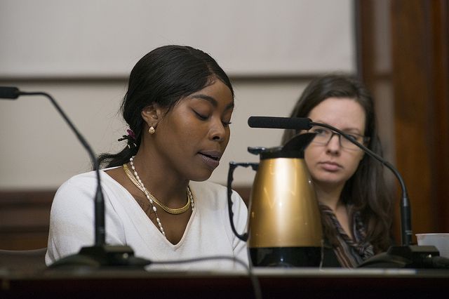 Jazmine Headley speaking at Monday's City Council hearing on General Welfare